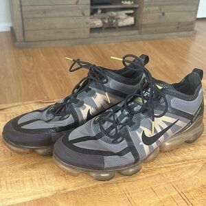 Nike VaporMax Black and Grey Running Shoes with Gold Accents